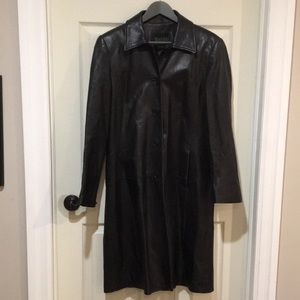 Daniel leather coat. Deep espresso brown. Mid-calf length. Size medium 10-12.